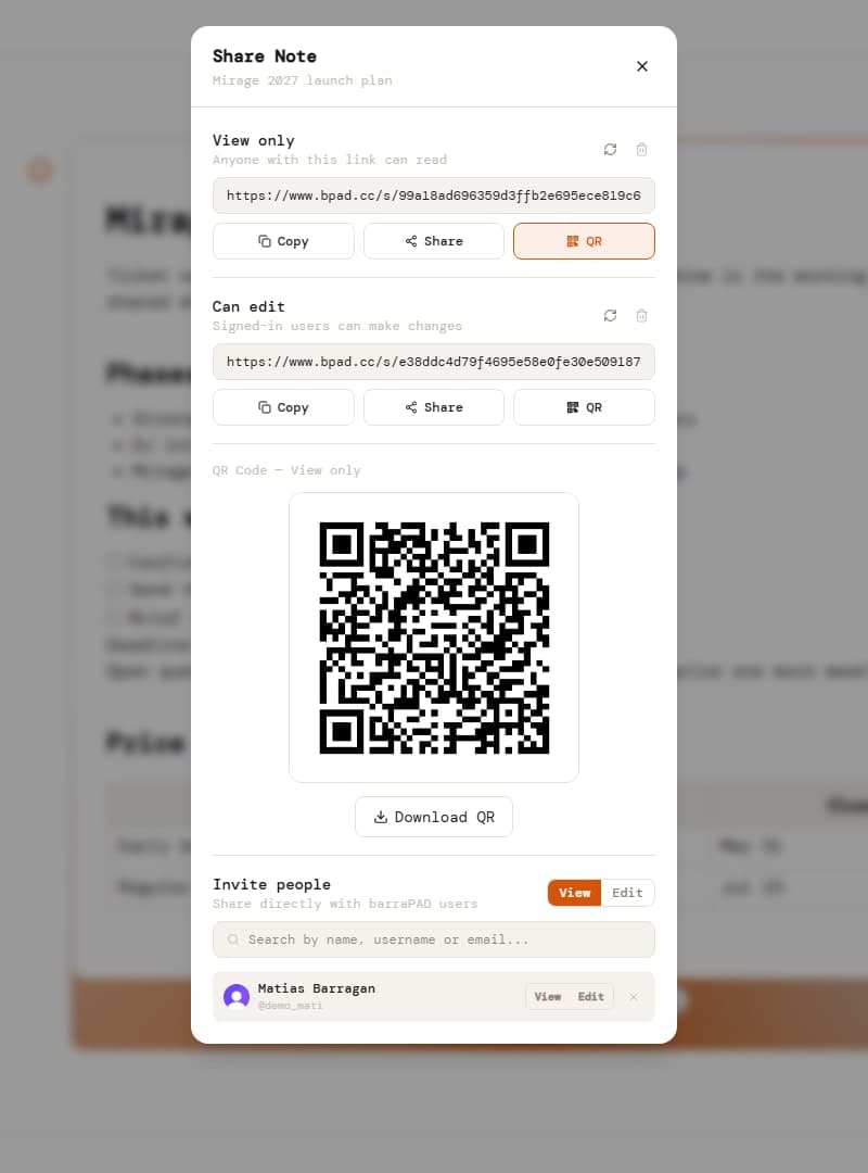 Share modal: two links, QR, direct invites