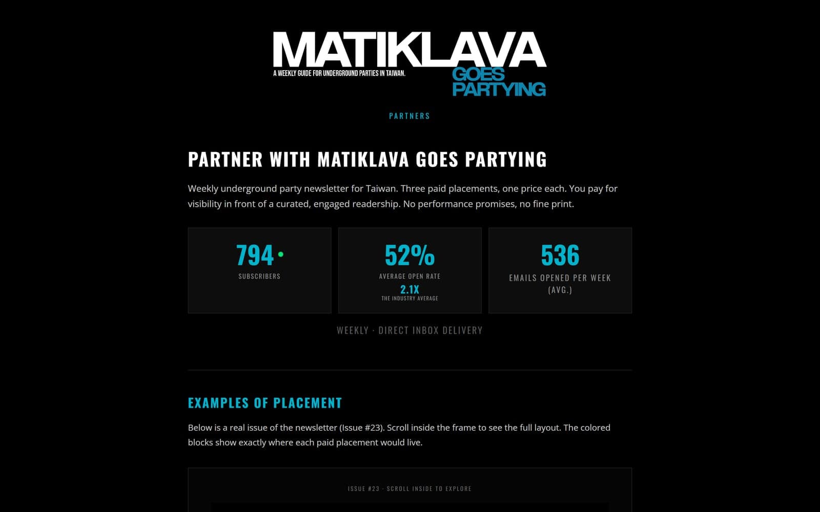 Partners page with live subscriber count and open rate